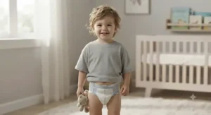 A toddler wearing comfortable training pants for nighttime featuring extra absorbency for leak protection until morning.