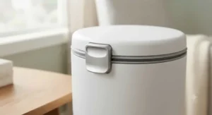 Close-up of an airtight baby diaper pail for odor control for sensitive skin featuring a secure locking lid.
