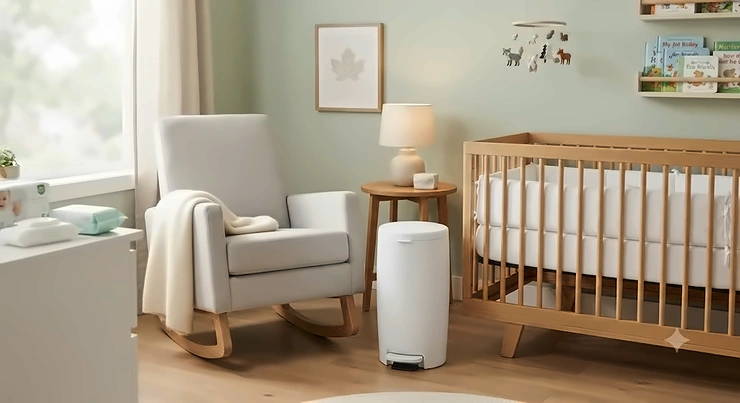 A sleek baby diaper pail for odor control for sensitive skin placed in a modern Canadian nursery, keeping the room fresh.