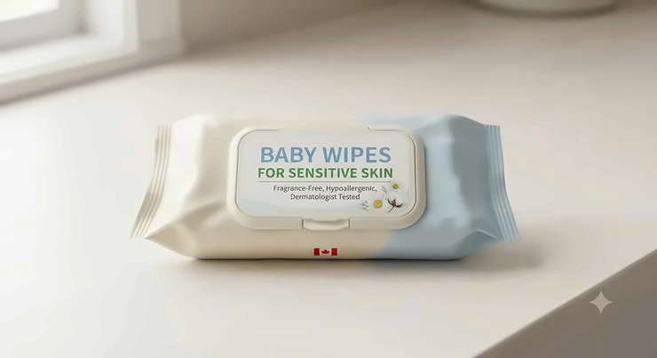 A package of baby wipes for sensitive skin resting on a clean surface.