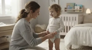 A cozy bedtime routine scene showing a parent placing training pants for nighttime on a young child before bed.