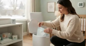 Parent setting up a baby diaper pail for odor control for sensitive skin to maintain clean indoor air during Canadian winters.