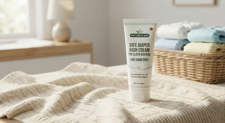 A tube of safe diaper rash cream for cloth diapers on a soft organic baby blanket, popular among Canadian parents.