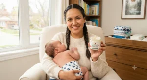 Canadian parent smiling while holding a jar of cloth-diaper-safe barrier cream in a brightly lit nursery.