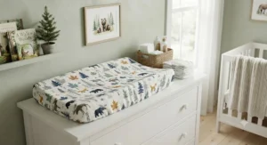 Canadian woodland themed changing pad cover featuring trees for a baby boy nursery.