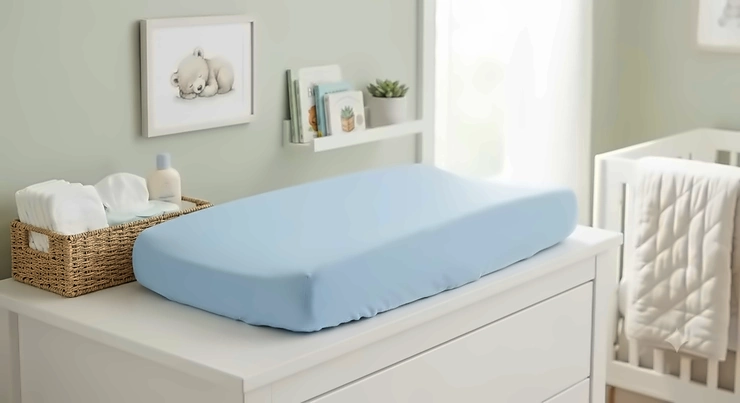 Organic blue cotton changing pad cover for baby boys' nursery setup.