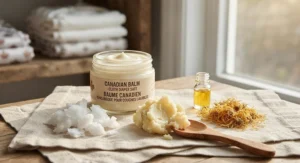 Close-up of natural ingredients like coconut oil and shea butter used in Canadian cloth-diaper-safe balms.