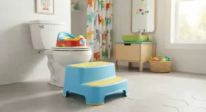 A brightly coloured step stool for potty training set up in a cheerful kids bathroom.