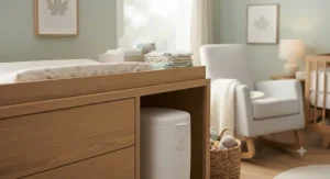 Compact baby diaper pail for odor control for sensitive skin fitting neatly beside a changing table.