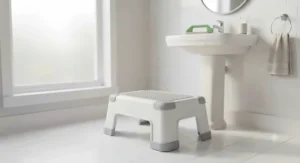 A low-profile compact step stool under $25 CAD designed for bathroom accessibility.