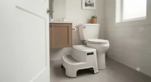 A compact step stool for potty training neatly tucked away beside the toilet in a small powder room.