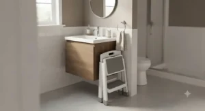 Compact two-step stool neatly tucked away beside a compact apartment bathroom sink.