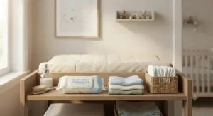 A well-organized diaper changing station featuring a container of baby wipes for sensitive skin.