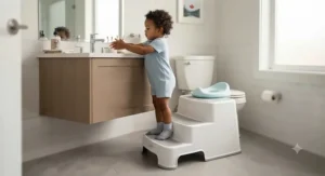 A versatile dual-height step stool for potty training and independent hand washing at the sink.