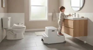 Dual-height two-step stool providing optimal elevation for both toilet training and hand washing.
