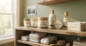 Collection of eco-friendly baby skincare essentials and diaper rash cream for cloth diapers on wooden shelving.