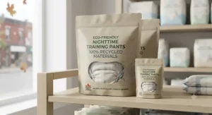 Eco-friendly packaging of training pants for nighttime available in major Canadian retail stores and pharmacies.