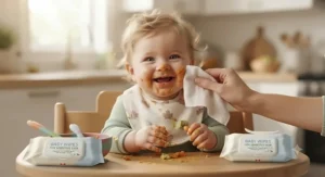A happy baby smiling while being gently cleaned with baby wipes for sensitive skin after mealtime.