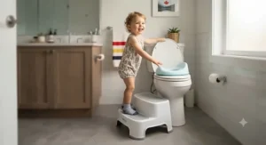 A happy child easily reaching the toilet seat using a lightweight step stool for potty training.