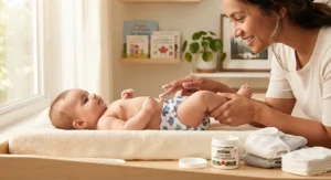 Parent gently applying a cloth-safe diaper rash cream to a baby during a diaper change in a Canadian nursery.