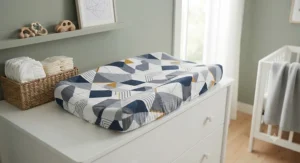 Modern geometric patterned changing pad cover for baby boys' changing station.