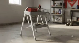 A multi-purpose utility step stool under $25 CAD used in a Canadian home garage.