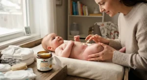 Pediatrician-approved natural diaper rash cream for cloth diapers soothing a baby's sensitive skin during Canadian winters.