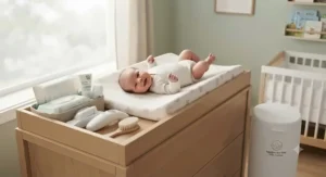 Newborn nursery essentials including a baby diaper pail for odor control for sensitive skin protecting baby health.