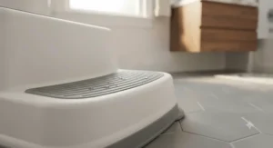Close-up of rubber grip treads on a two-step stool designed for safe bathroom floors.
