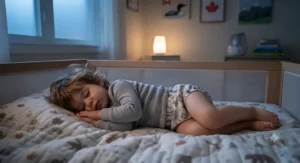 Child sleeping soundly wearing leak-proof nighttime training pants for extra overnight protection.
