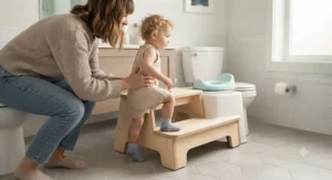 A parent supporting their toddler stepping up onto a step stool for potty training.