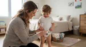 Parent helping a young child pull up their soft cotton training pants in the morning.
