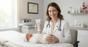 Pediatrician holding a tube of trusted diaper rash cream for newborns.