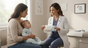 A Canadian pediatrician recommending fragrance-free baby wipes for sensitive skin during a checkup.