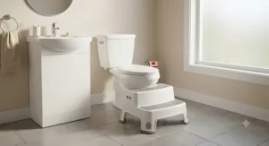 Non-slip plastic two-step stool placed in front of a Canadian home toilet for independent bathroom use.