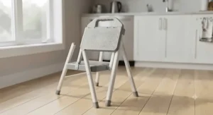 A portable step stool with a convenient carry handle priced under $25 CAD.
