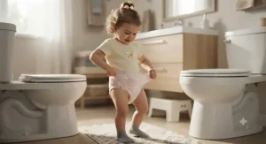 Toddler practicing independence by pulling up training pants for girls with stretchy, side-pull waistbands.