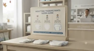 A clear sizing chart display for training pants for nighttime to help Canadian parents choose the correct weight and fit.