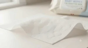 Close-up of soft baby wipes for sensitive skin showing a textured, plant-based fabric.