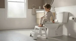 Toddler using a lightweight two-step stool for easy access to the toilet seat.