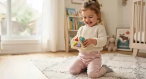 Happy toddler girl wearing comfortable training pants while playing in a brightly lit nursery.