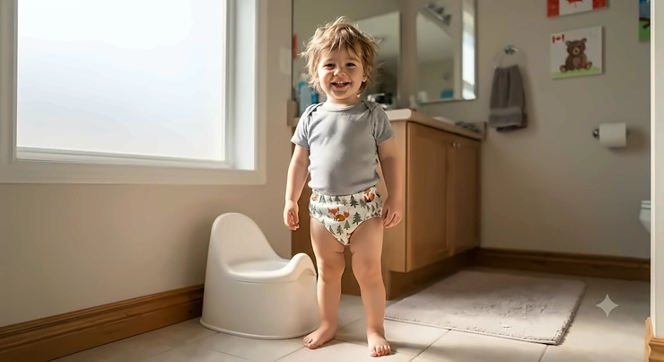 Toddler smiling while wearing breathable training pants during potty training at home.