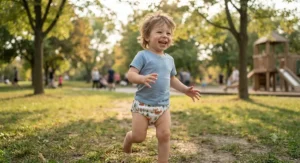 Happy toddler running and playing comfortably in flexible daytime training pants.