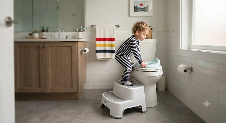 A toddler using a sturdy step stool for potty training in a modern Canadian family bathroom.