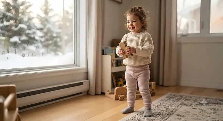 Toddler wearing breathable organic cotton training pants for girls, ideal for potty training during Canadian winters.