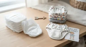 Illustration showing the step from disposable diapers to big-kid cloth training pants.