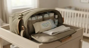 A travel-size pack of baby wipes for sensitive skin tucked inside an open diaper bag.