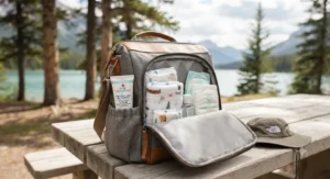 Compact diaper rash cream for newborns packed in a diaper bag for outings across Canada.