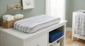 Two-pack set of changing pad covers for boys featuring stripes and solid blue.