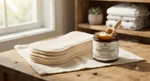 Fleece cloth diaper liners next to a jar of organic diaper rash cream, showing how to protect reusable fabrics.